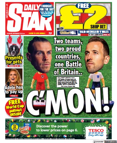 Daily Star (UK) Newspaper Front Page for 29 November 2022