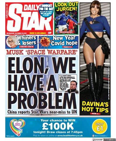 Daily Star (UK) Newspaper Front Page for 29 December 2021