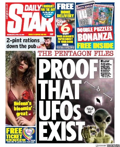 Daily Star (UK) Newspaper Front Page for 29 April 2020