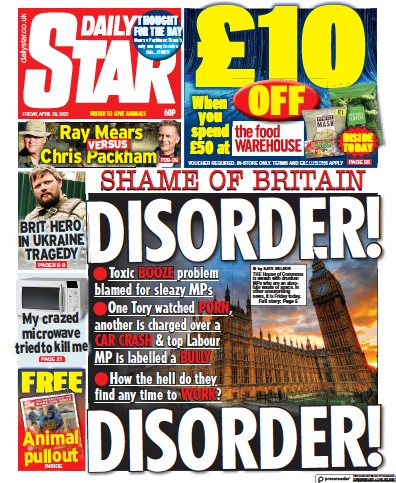 Daily Star (UK) Newspaper Front Page for 29 April 2022