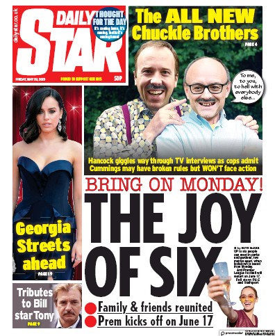 Daily Star (UK) Newspaper Front Page for 29 May 2020