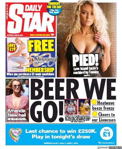 Daily Star (UK) Newspaper Front Page for 29 June 2019