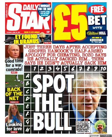 Daily Star (UK) Newspaper Front Page for 29 June 2021