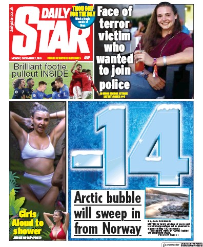 Daily Star (UK) Newspaper Front Page for 2 December 2019