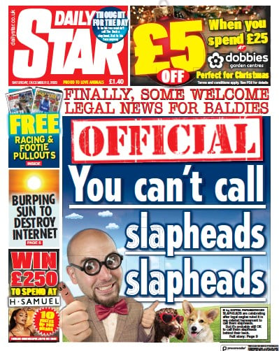 Daily Star (UK) Newspaper Front Page for 2 December 2023