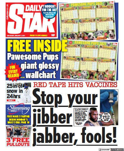 Daily Star (UK) Newspaper Front Page for 2 January 2021