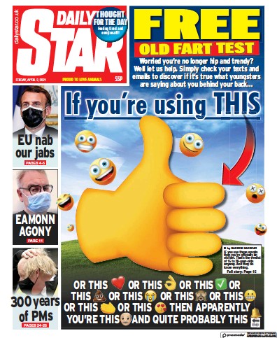 Daily Star (UK) Newspaper Front Page for 2 April 2021