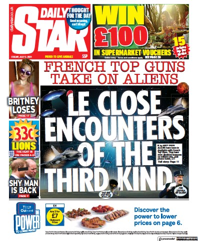 Daily Star (UK) Newspaper Front Page for 2 July 2021
