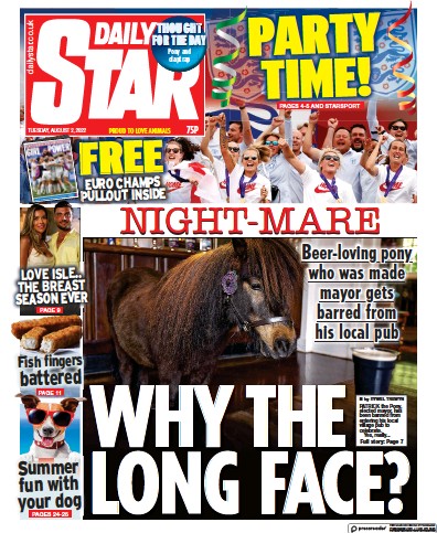 Daily Star (UK) Newspaper Front Page for 2 August 2022