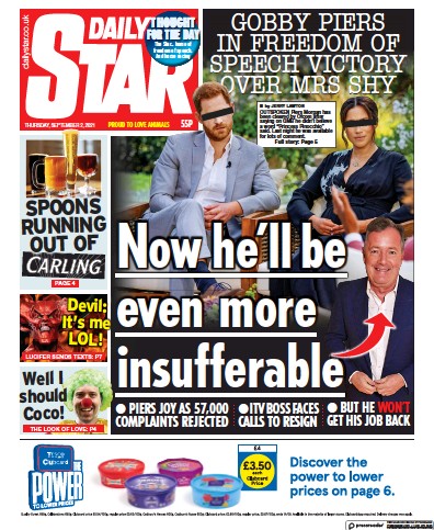 Daily Star (UK) Newspaper Front Page for 2 September 2021