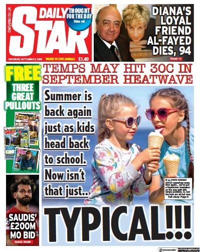 Daily Star (UK) Newspaper Front Page for 2 September 2023