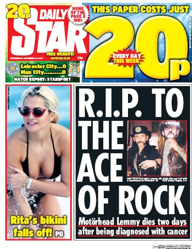 Daily Star (UK) Newspaper Front Page for 30 December 2015