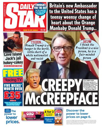 Daily Star (UK) Newspaper Front Page for 30 January 2025