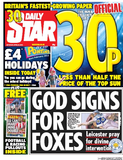 Daily Star Newspaper Front Page for 30 April 2016