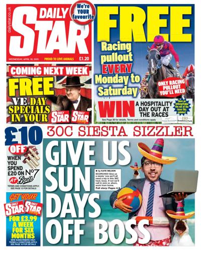 Daily Star (UK) Newspaper Front Page for 30 April 2025