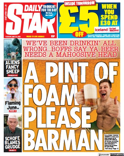 Daily Star (UK) Newspaper Front Page for 30 May 2023