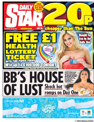 Daily Star (UK) Newspaper Front Page for 30 July 2016
