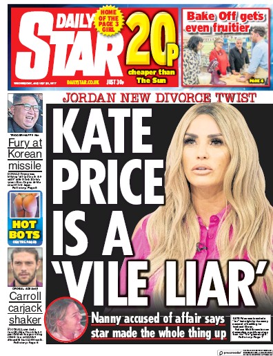 Daily Star (UK) Newspaper Front Page for 30 August 2017