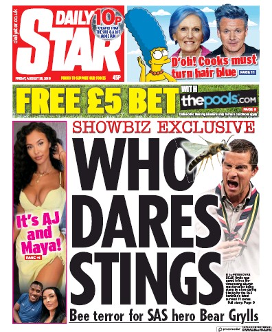 Daily Star (UK) Newspaper Front Page for 30 August 2019