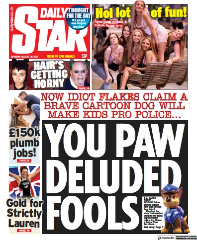 Daily Star (UK) Newspaper Front Page for 30 August 2021