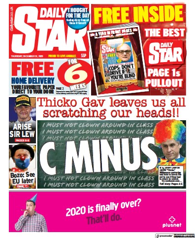 Daily Star Newspaper Front Page for 31 December 2020