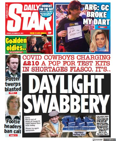 Daily Star (UK) Newspaper Front Page for 31 December 2021