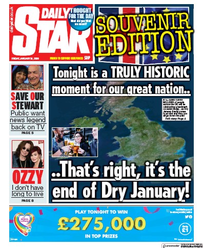 Daily Star (UK) Newspaper Front Page for 31 January 2020