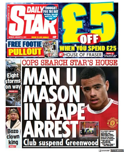 Daily Star (UK) Newspaper Front Page for 31 January 2022