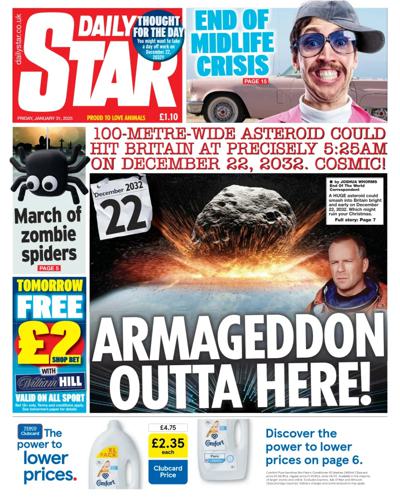 Daily Star (UK) Newspaper Front Page for 31 January 2025
