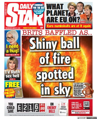 Daily Star (UK) Newspaper Front Page for 31 March 2021