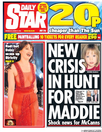 Daily Star (UK) Newspaper Front Page for 31 August 2016