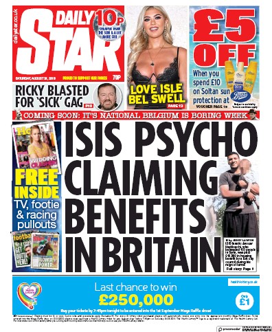 Daily Star (UK) Newspaper Front Page for 31 August 2019