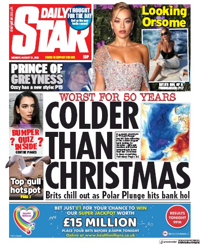 Daily Star (UK) Newspaper Front Page for 31 August 2020