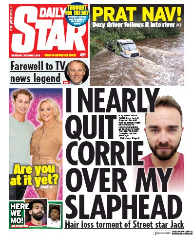Daily Star (UK) Newspaper Front Page for 3 October 2019