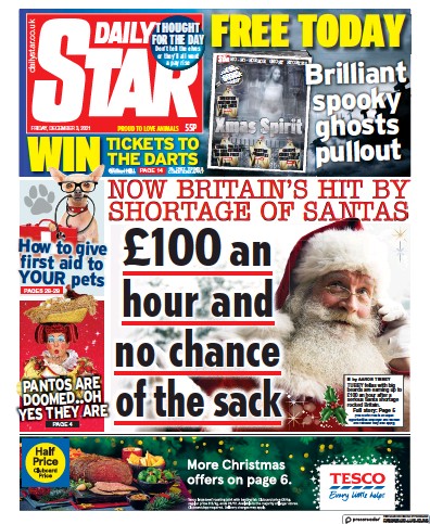 Daily Star (UK) Newspaper Front Page for 3 December 2021