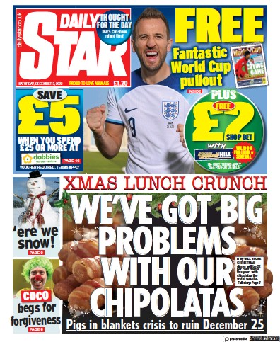 Daily Star (UK) Newspaper Front Page for 3 December 2022