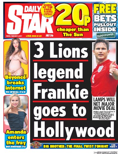 Daily Star (UK) Newspaper Front Page for 3 February 2017