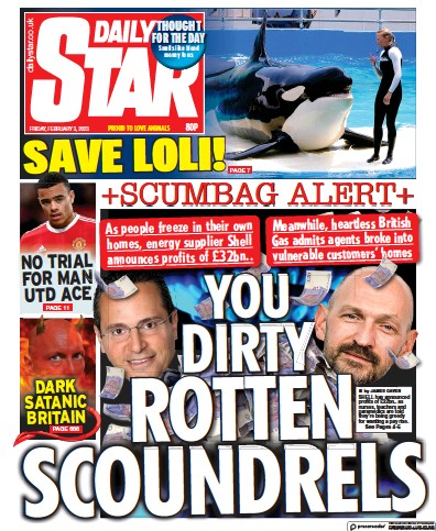 Daily Star (UK) Newspaper Front Page for 3 February 2023