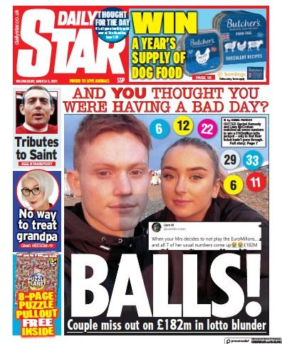 Daily Star (UK) Newspaper Front Page for 3 March 2021