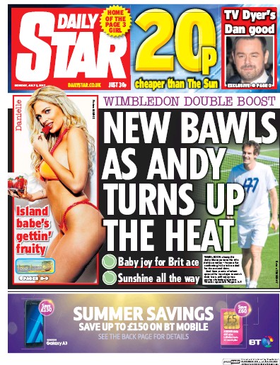 Daily Star (UK) Newspaper Front Page for 3 July 2017