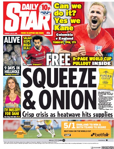 Daily Star (UK) Newspaper Front Page for 3 July 2018