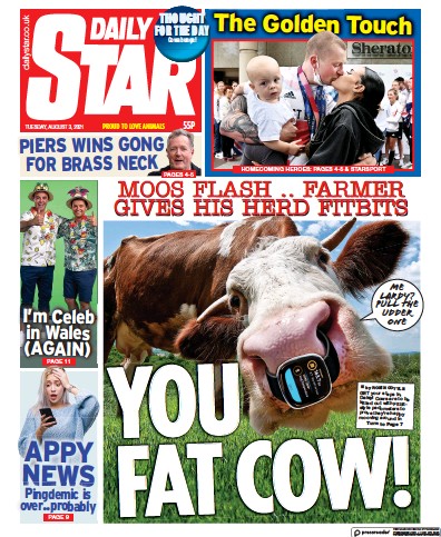 Daily Star (UK) Newspaper Front Page for 3 August 2021