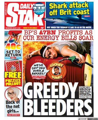 Daily Star (UK) Newspaper Front Page for 3 August 2022