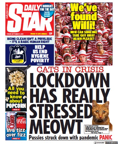 Daily Star (UK) Newspaper Front Page for 3 September 2021