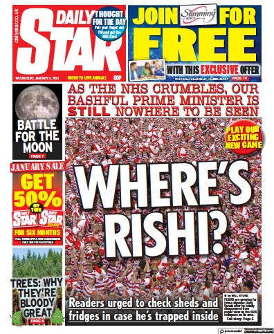 Daily Star (UK) Newspaper Front Page for 4 January 2023