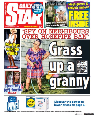 Daily Star (UK) Newspaper Front Page for 4 August 2022