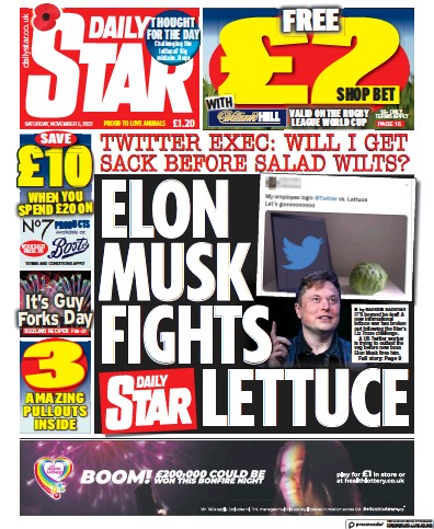 Daily Star (UK) Newspaper Front Page for 5 November 2022