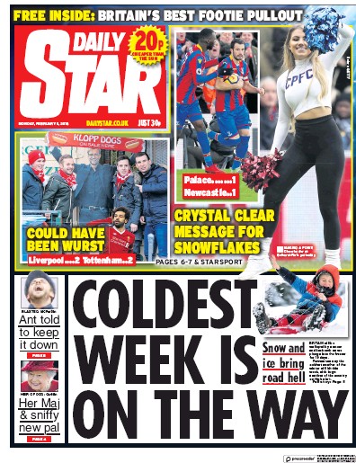 Daily Star (UK) Newspaper Front Page for 5 February 2018