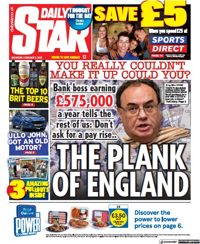 Daily Star (UK) Newspaper Front Page for 5 February 2022