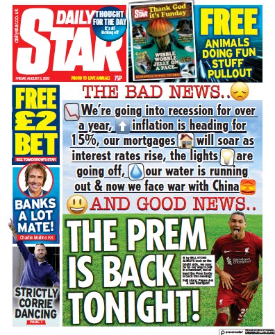 Daily Star (UK) Newspaper Front Page for 5 August 2022